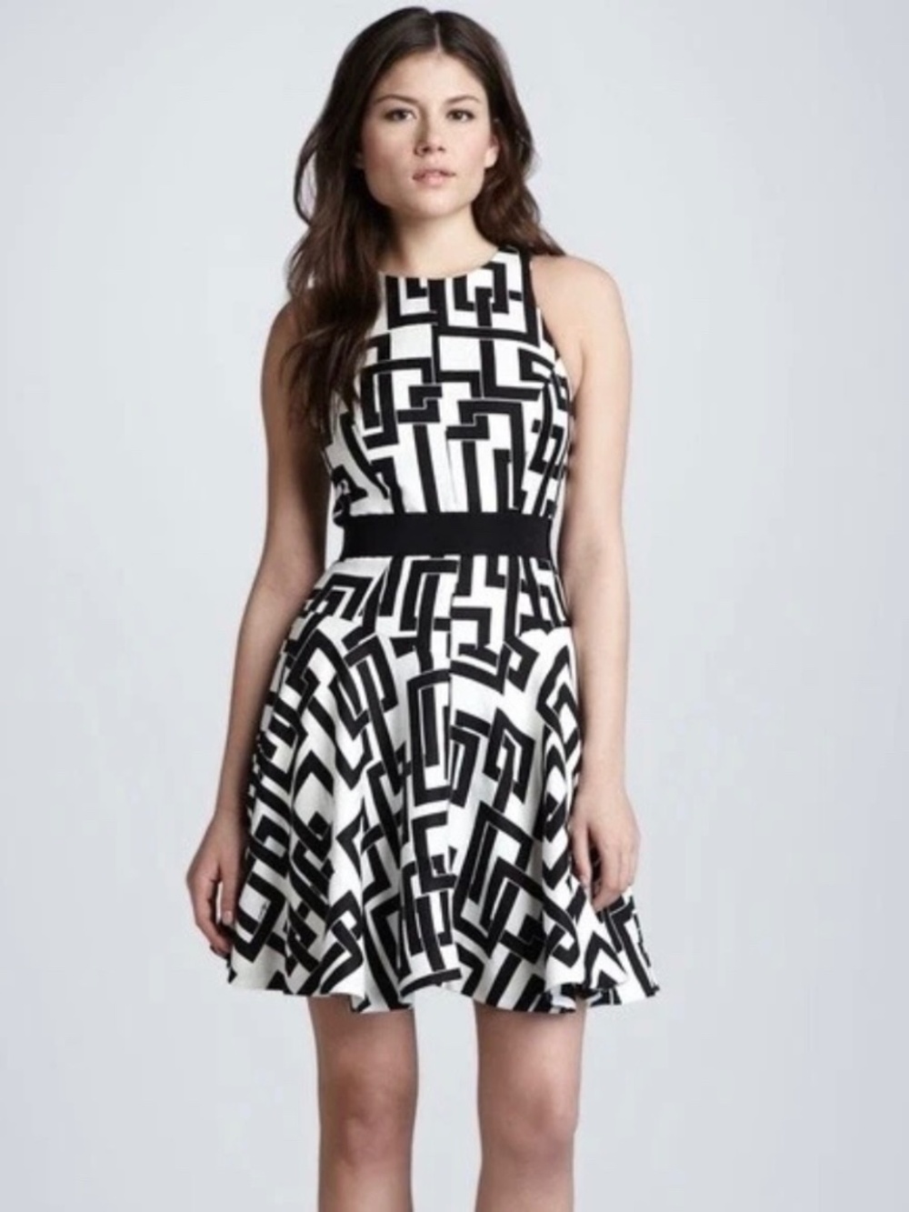 Milly of New York Circle Dress 8 Black White Geometric Linen Silk Fit Flare